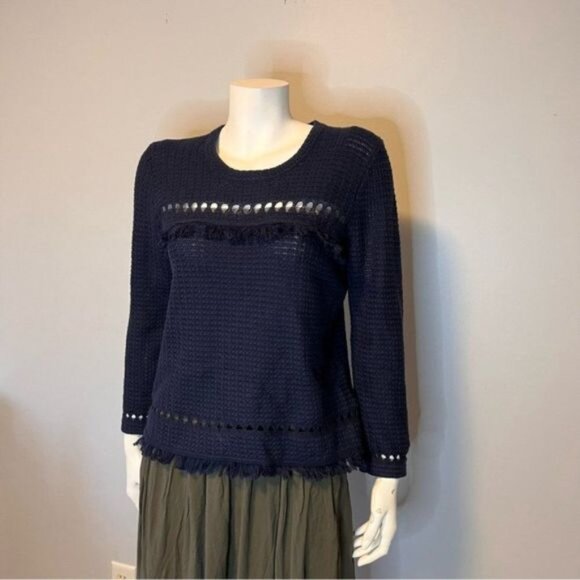 J. Crew Crochet Fringe Boho Long Sleeve Navy Sweater Size Small - Picture 5 of 10